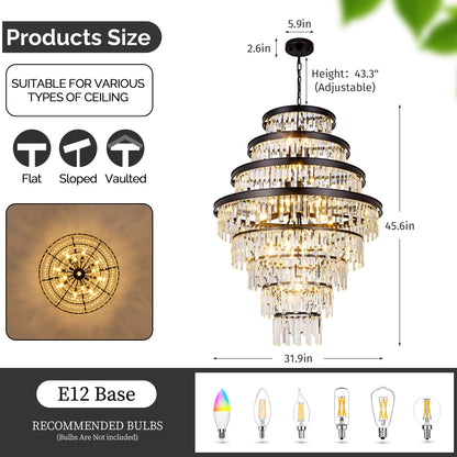 Wellmet Luxury 8-Tier Crystal Chandelier, Black Large Crystal Chandelier, for Living Room, Dining Room, Porch, Entryway, Hallway, Restaurant, 31''W