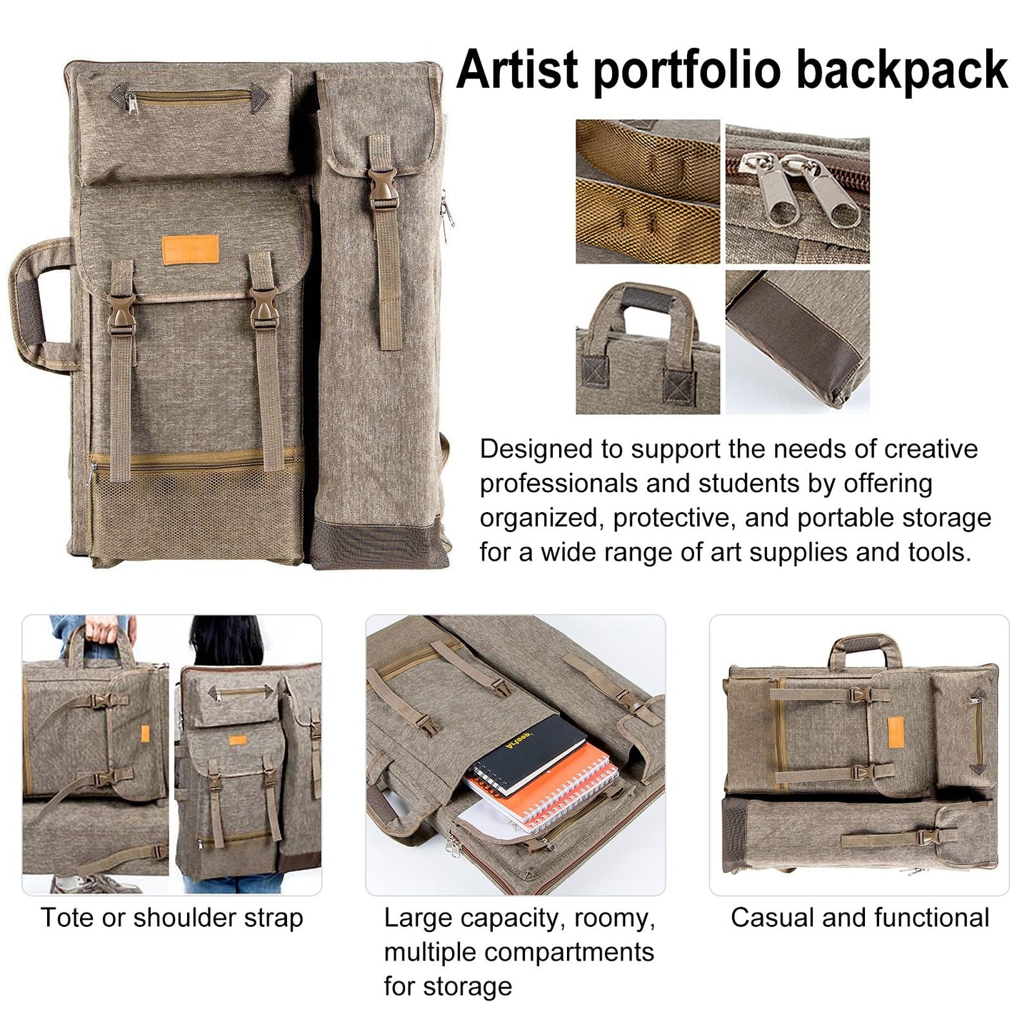 TRANSON Art Portfolio Case Artist Backpack Canvas Bag Large 26” x 19.5” Khaki