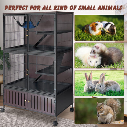 60" Large Ferret Cage, Multi-Level Small Animal Mansion with 4 Wheels, 3 Metal Ramps & Hammock for Chinchillas, Rabbits, Guinea Pigs, Includes PP Trays & Storage Cabinet