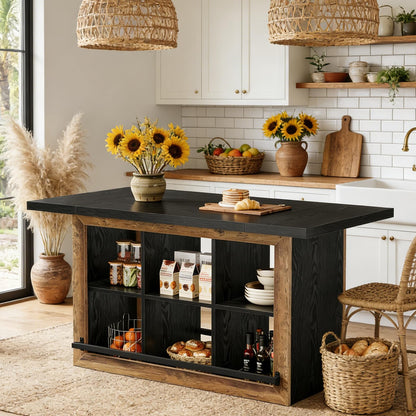 Tribesigns Kitchen Island with Storage, 62.6" Farmhouse Table with 6-Cubby Open Shelves & Metal Foot Rail, Butcher Block Style Counter Height Stationary Unit