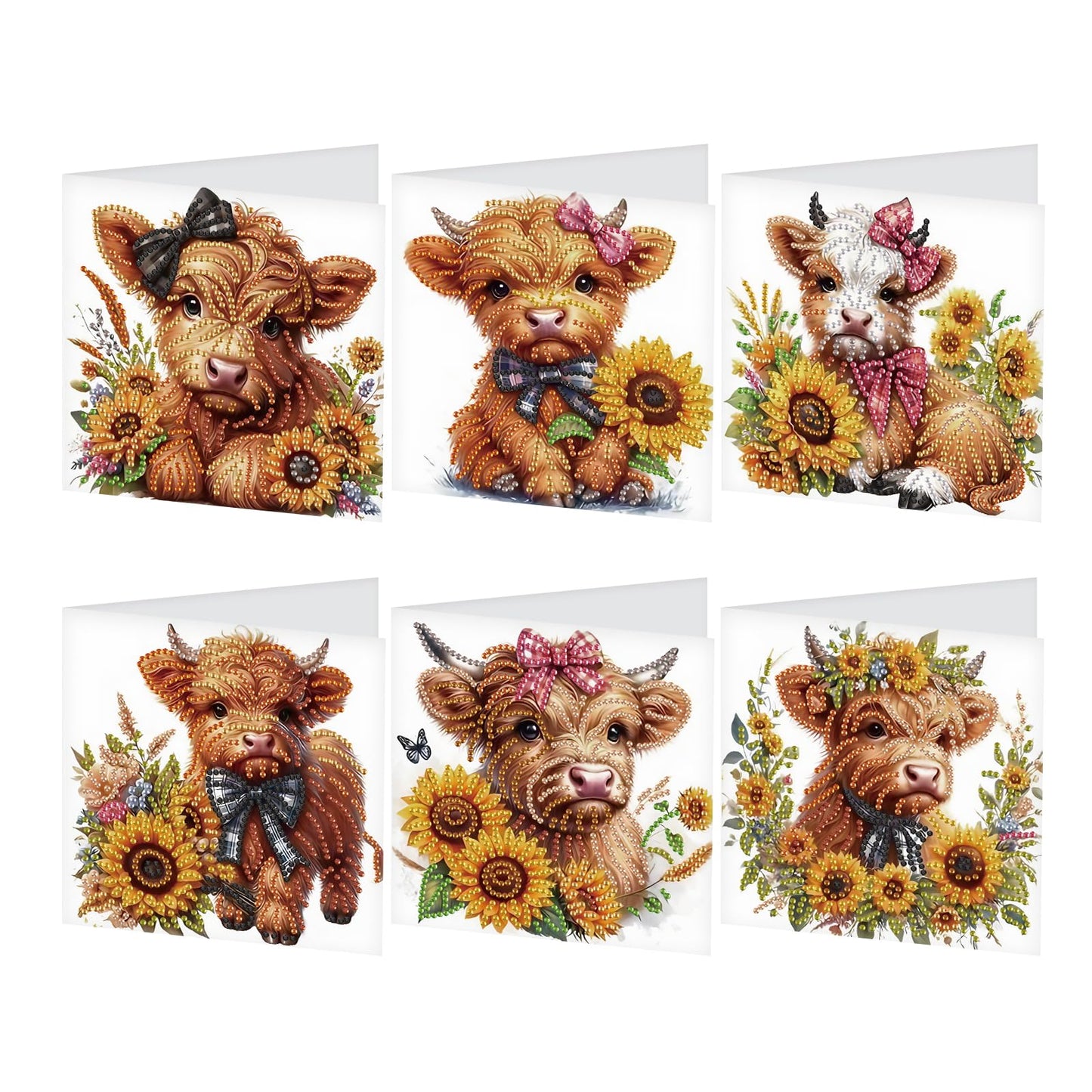 SHEGZHUC 6 Pack Diamond Painting Gift Card Diamond Art Kits for Adults Birthday Wedding Anniversary Greeting Get Well Congratulations Thank You Cards with Envelopes || Cows Sunflowers Animals
