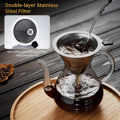 Unbreakable - Pour Over Coffee Maker with Double Stainless Filter 27 fl oz, Thickened Heat-Resistant Borosilicate Glass Pour Over Coffee Dripper, Stovetop Safe