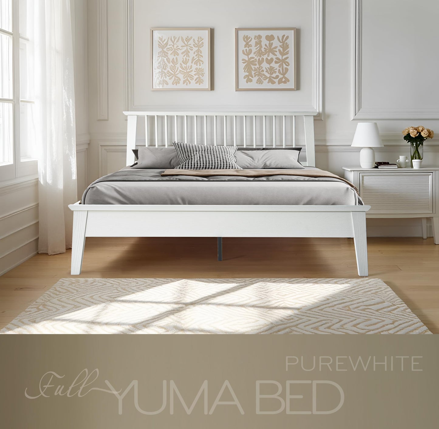 Full Size Bed Frame, Headboard & Footboard, Solid Wood Platform Bed, Anti-Slip & Noise-Free, 12 Durable Slatted Base, Centre Metal Legs, Easy Assembly, No Box Spring Needed, Pure White Finish YUF-39