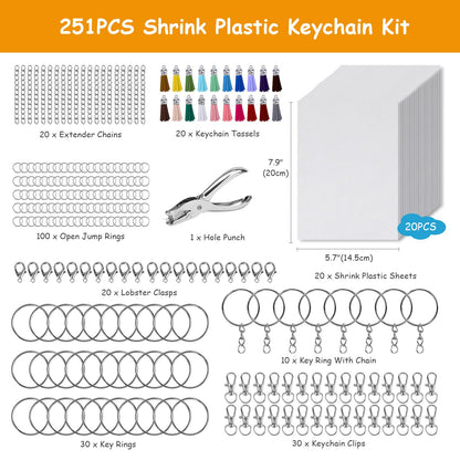 Csyidio 251 PCS Shrink Dink Keychain Kit Includes 20 Sheets Shrink Plastic Sheets, Hole Punch, Tassels, Lobster Clasps, Keychain Clip, Jump Rings, Key Ring, Great for DIY Fathers Day Crafts