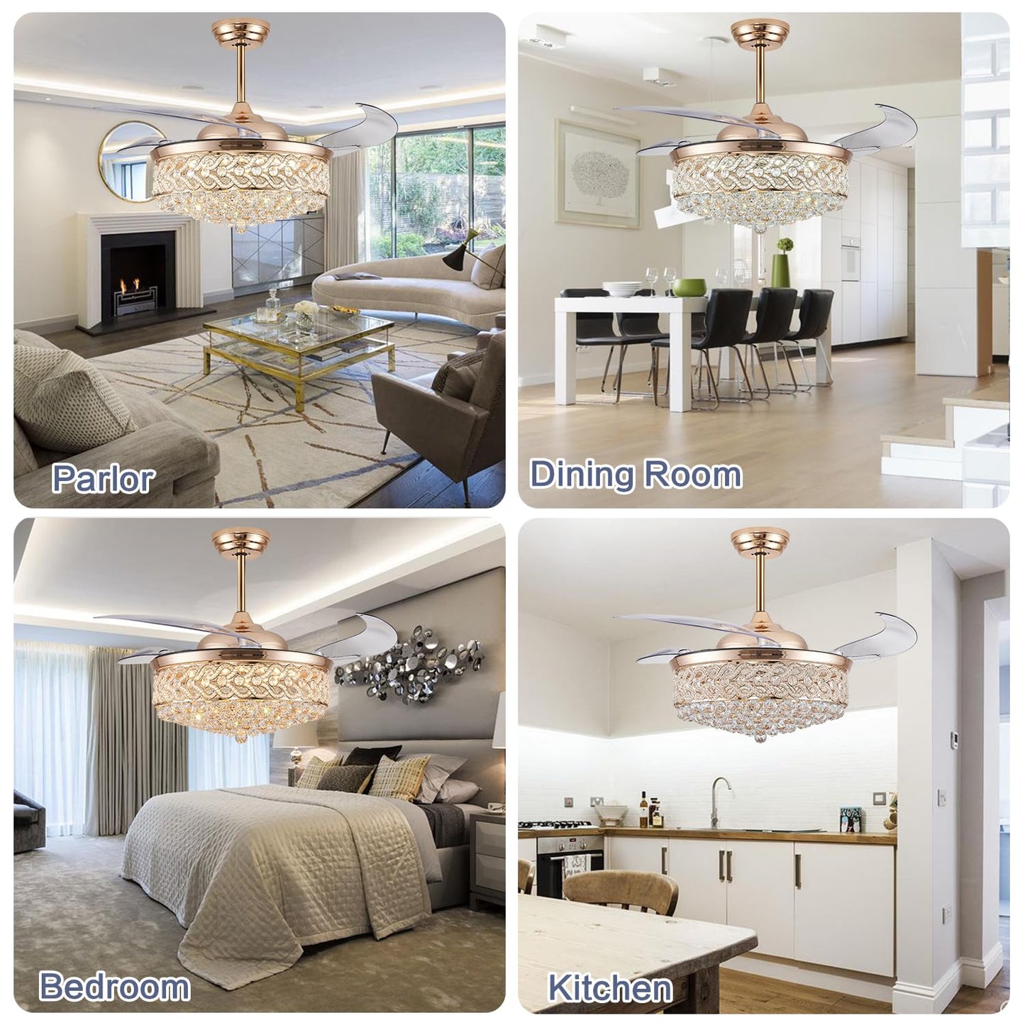 DuMaiWay 52" Dimmable Chandelier Ceiling Fan with Light, Modern Crystal Retractable Ceiling Fan with Remote and APP Control for Bedroom Dining Room Living Room 6 Speed Gold