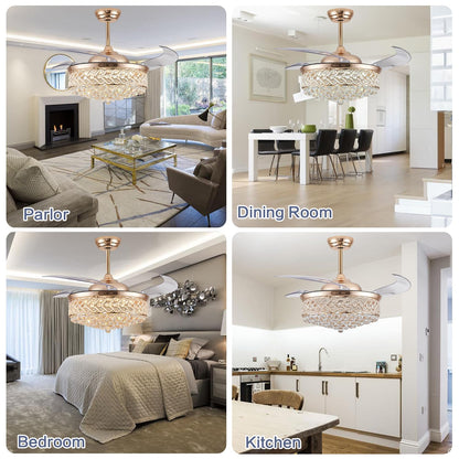 DuMaiWay 52" Dimmable Chandelier Ceiling Fan with Light, Modern Crystal Retractable Ceiling Fan with Remote and APP Control for Bedroom Dining Room Living Room 6 Speed Gold