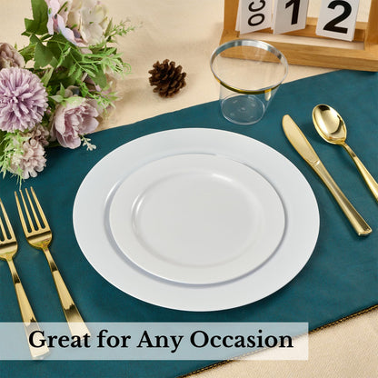 FOCUSLINE 100 Count White Plastic Plates 10 Inch, Disposable Heavy Duty Dinner Plates- Premium Hard Plastic Plates Fancy Disposable White Plates for Weddings, Parties and Events