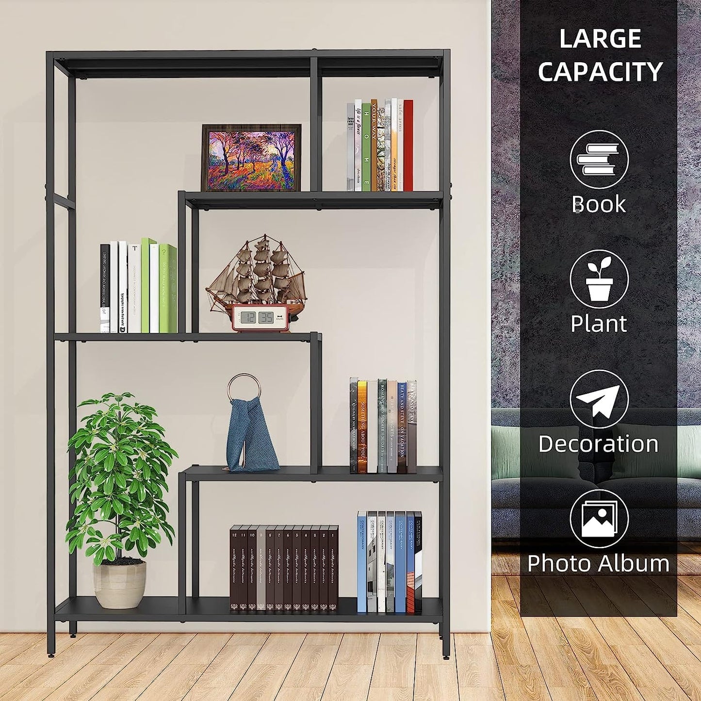 WZONICE98 Bookcases 5 Tier Metal Industrial Bookshelf Display Shelves for Living Room Bedroom Kitchen Office Farmhouse Decor Sturdy and Stylish Bookshelves Storage Rack Books Holder Organizer