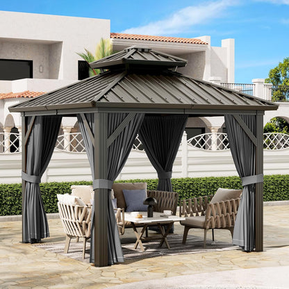 10'x10' Hardtop Gazebo, Heavy Duty Aluminum Permanent Outdoor Pavilion with Curtains and Netting for Garden, Patio, or Backyard (Grey, 10'x10')