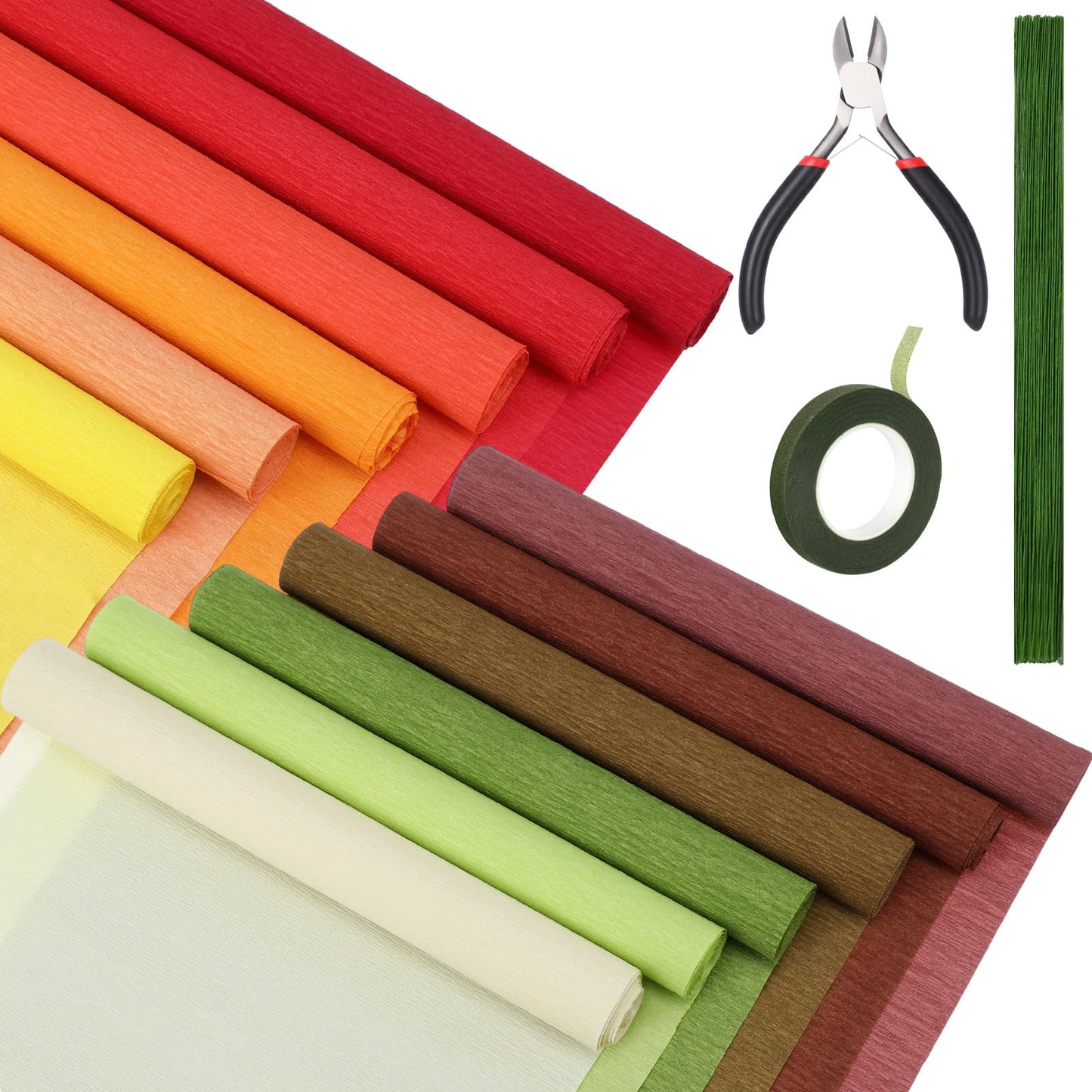 Leinuosen 115 Pcs Crepe Paper Flower DIY Kits 12 Rolls 10 x 98 Inch Crepe Paper Rolls Sheets 100 Floral Iron Wire 1 Wire Cutter 2 Tapes for Birthday Party Wedding Wreath Flower Making(Autumn Colors)