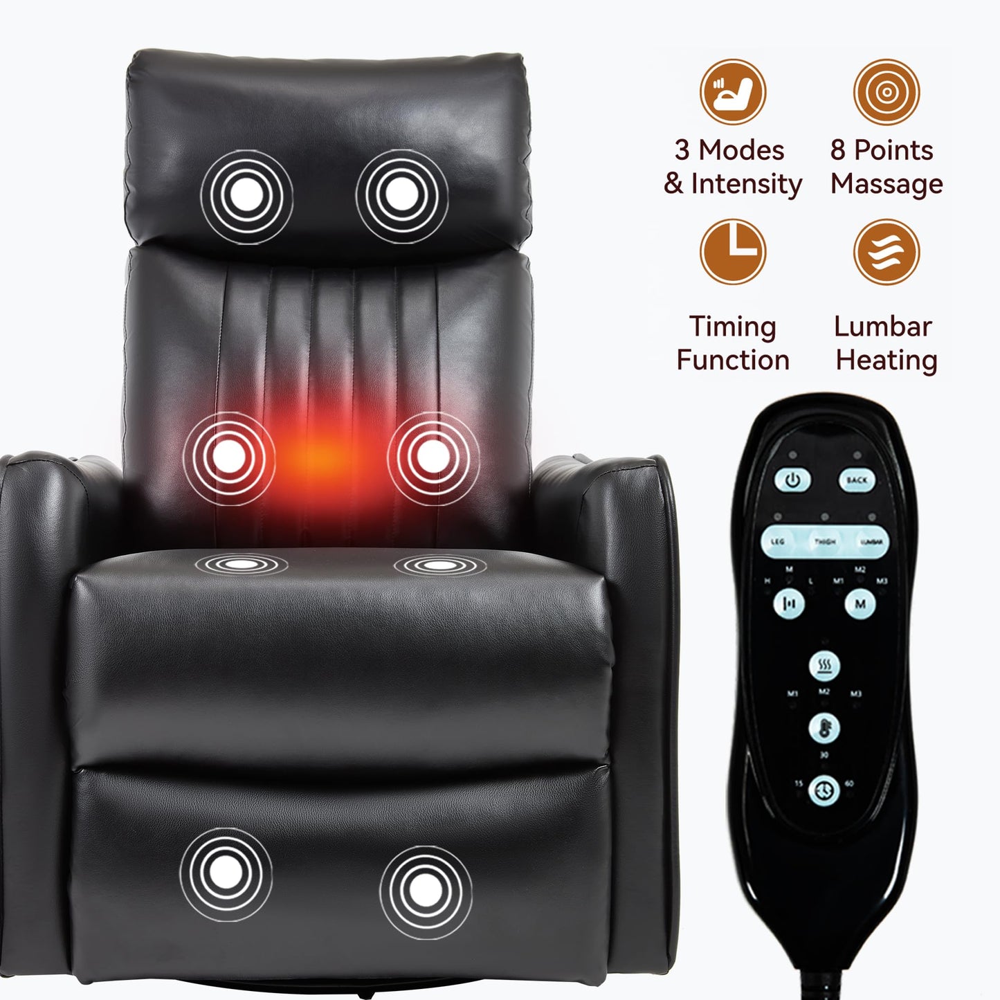 KEIKI 4-in-1 Manual Swivel Rocker Recliner Chair for Living Room, Faux Leather Nursery Glider Rocking Chairs with Back Massager & Heat, Tailored for Quiet Afternoon Tea Relaxation Moments, Black