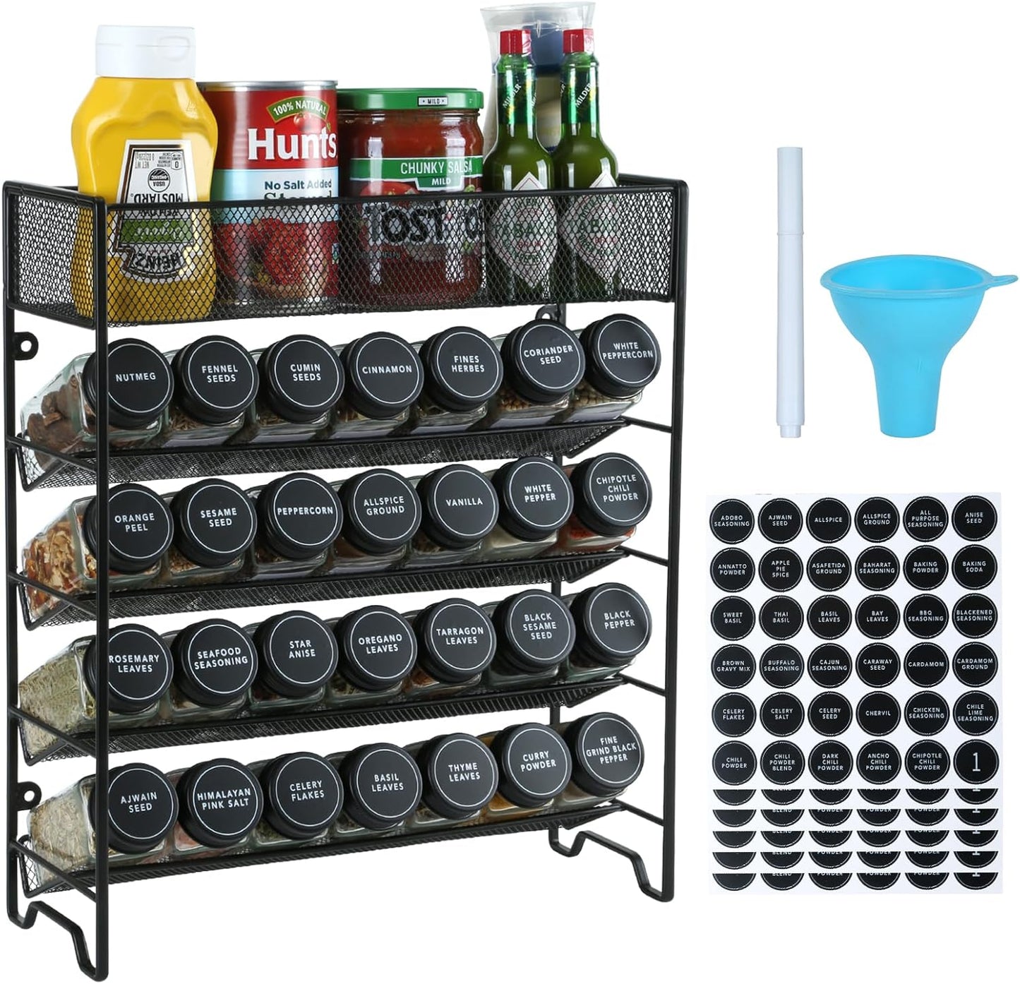 28 Set Countertop, Skiileor Spice Rack Organizer with Spice Jars, Black LidsSpice Labels, Chalk pen and Funnel