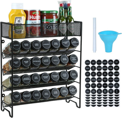 28 Set Countertop, Skiileor Spice Rack Organizer with Spice Jars, Black LidsSpice Labels, Chalk pen and Funnel