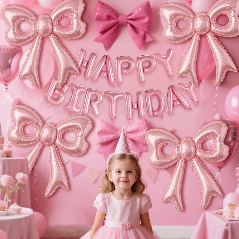 Pink Happy Birthday Balloons, 31”Huge Pink Bow Aluminum Foil Balloons for Girl Woman Birthday, Princess, Coquette Party Decorations Supplies