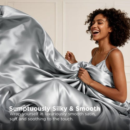 Bedsure Satin Sheets Queen Size - 4 Piece Silky Bedsheets with Elastic Corner Straps and 15 Inches Deep Pocket Fitted Bedsheet,1 Flat Sheet, 2 Satin Pillowcases, Good for Hair &Skin(Queen,Silver Grey)