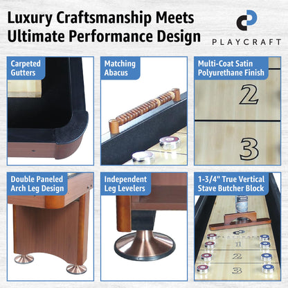 Playcraft Woodbridge Shuffleboard Table with Storage Cabinet - Shuffle Board Game Table Set with Matching Abacus, 8 Pucks, Brush & Wax (Made in USA) - Pro Style Climate Adjusters - Cherry - 14ft