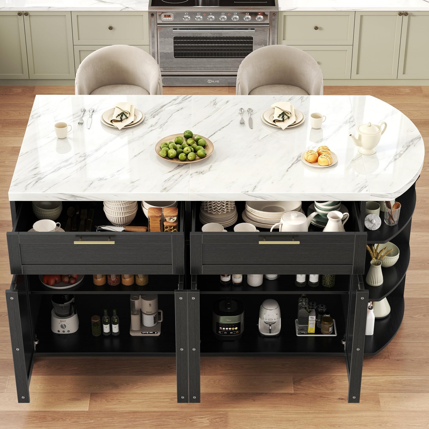 HSH 63” Large Kitchen Island with Seating, White Faux Marble Island Table with 2 Storage Drawers, Cabinets, 3 Open Shelves, Modern Counter Height Stationary Island Prep Table for Kitchen Dining Room