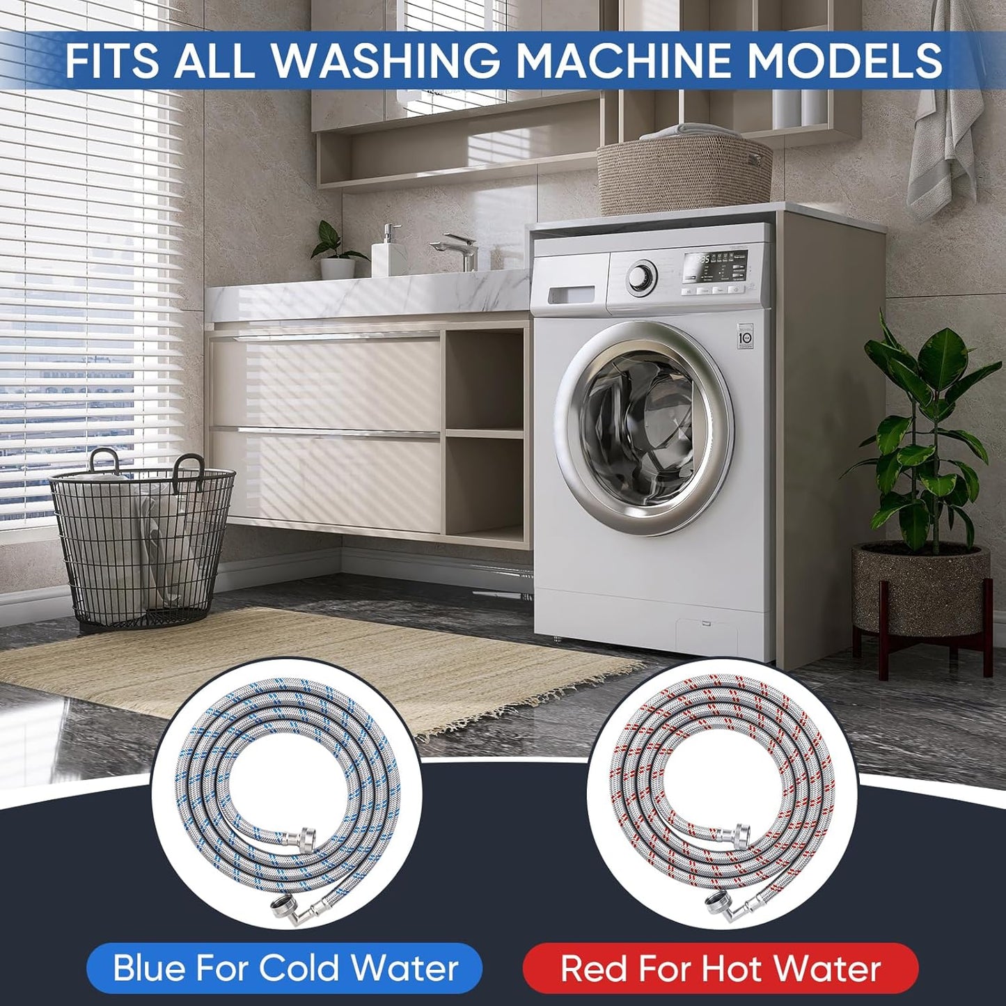 TICONN 6FT Washing Machine Hoses Set, 2 Pack EPDM Braided Stainless Steel Burst-Proof Hoses with 90 Degree Elbow