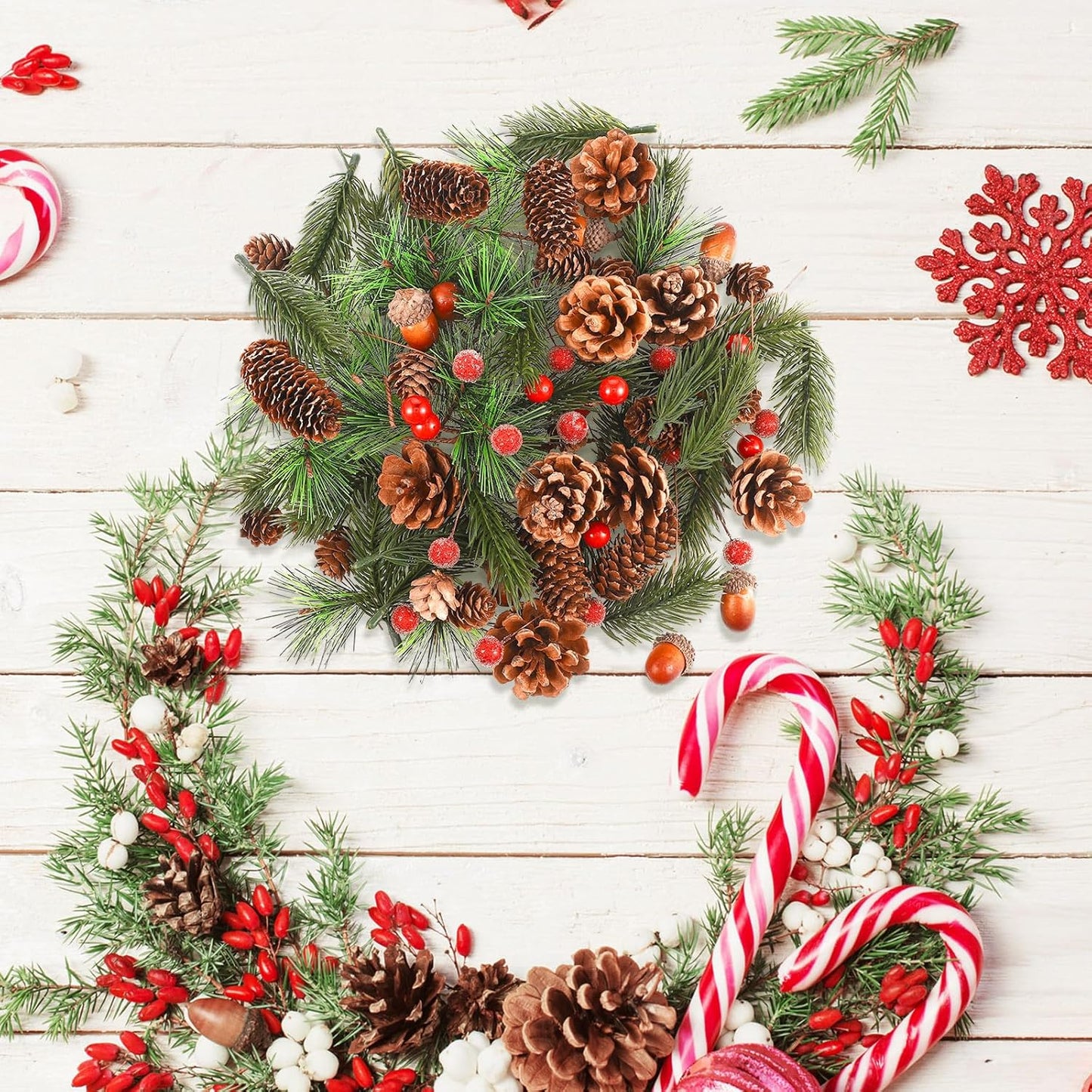 180 Pcs Christmas Pine Cones and Holly Berry Craft Set, Natural Pine Branch Decorations for DIY Home Gifts