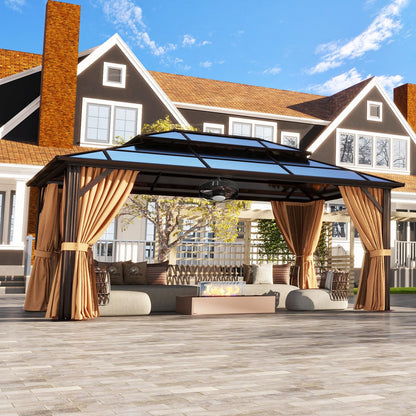 Aoxun 12'x16' Hardtop Gazebo, Aluminum Frame Permanent Pavilion with Curtains and Netting, Outdoor Polycarbonate Double Roof Canopy with Ceiling Fan, for Garden, Lawns, Patio, Brown