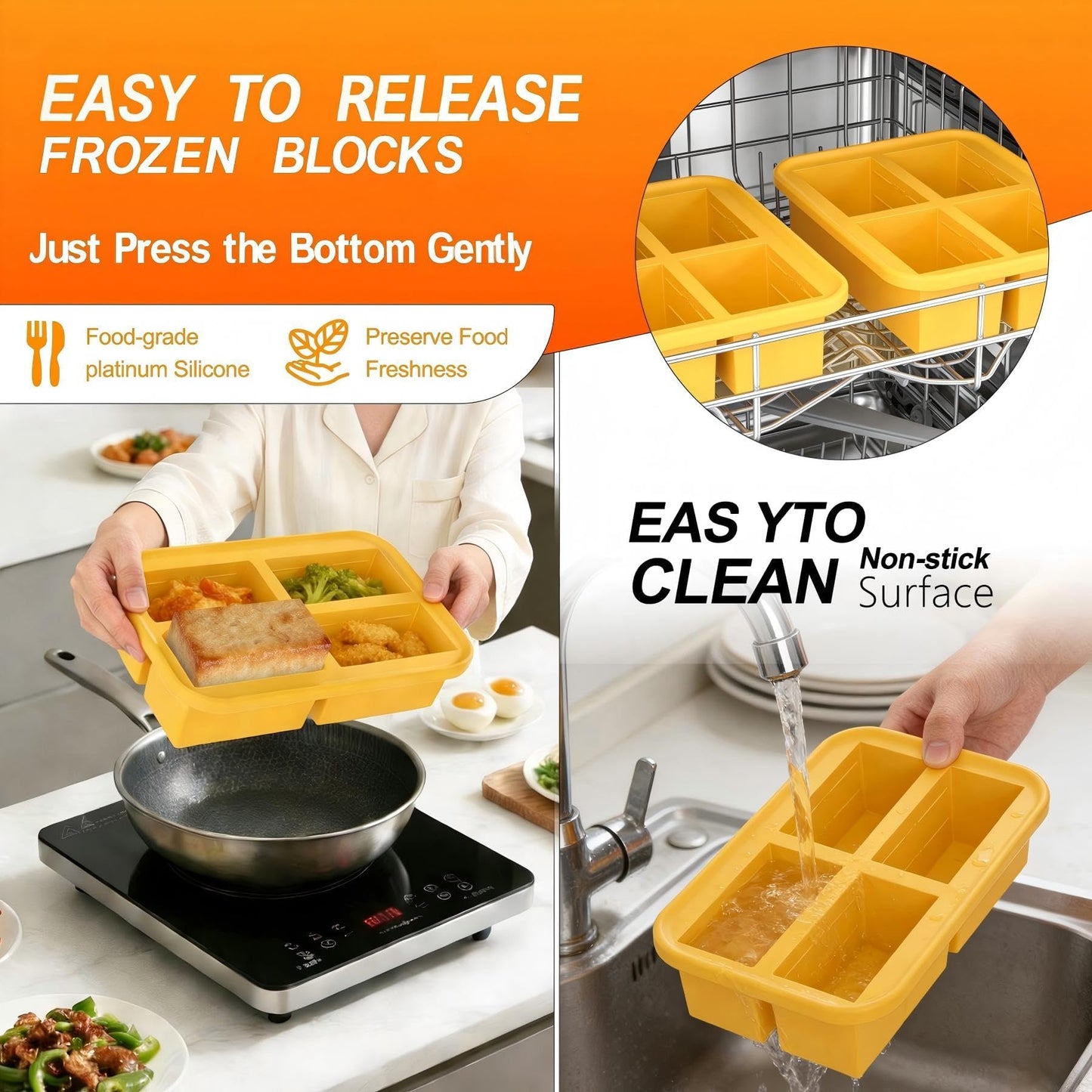 Bangp 1-Cup Silicone Freezing Trays with Lid,2 Pack,Easy-Release Silicone Freezer Molds for Soup Ice Cubes,Soup Freezer Molds,Freeze & Store Broth,Sauce,Leftovers - Makes 8 Perfect 1 Cup Portions