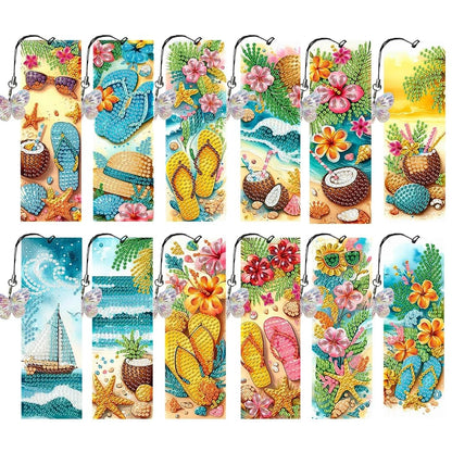 12 Pcs Diamonds Painting Bookmarks Diamond Art Kits for Adults DIY Full Round Gem Crystal Art Bookmarks with Pendant Home Office Supplies for Reading Lovers