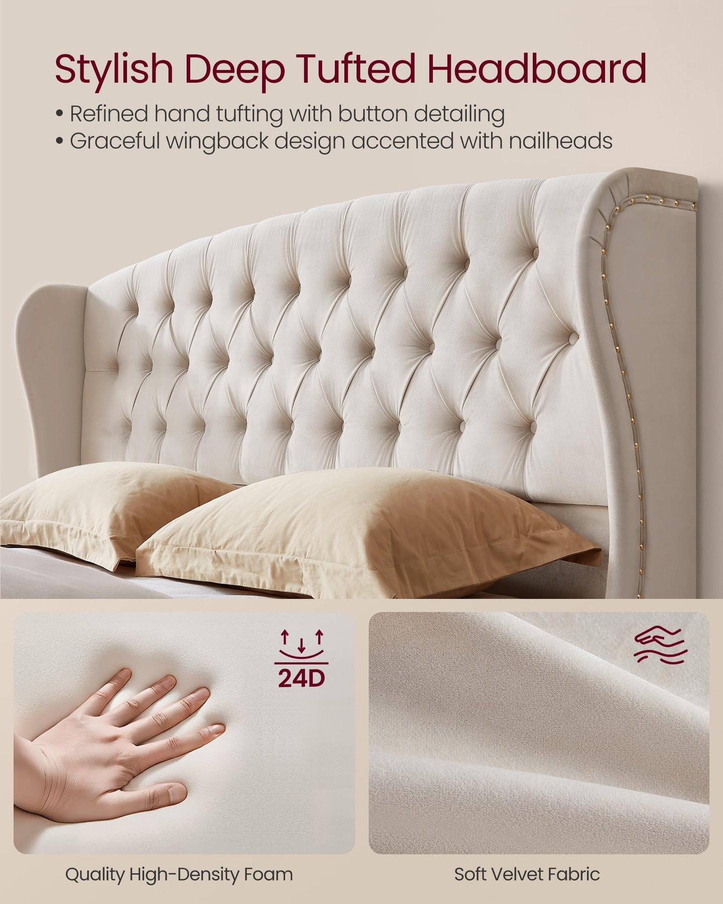 VASAGLE King Bed Frame with Tall Headboard, Upholstered Platform Bed Frame King Size, with Wingback Tufted Headboard and Footboard, Wooden Slats, No Box Spring Needed, Cappuccino Beige URMB884W01
