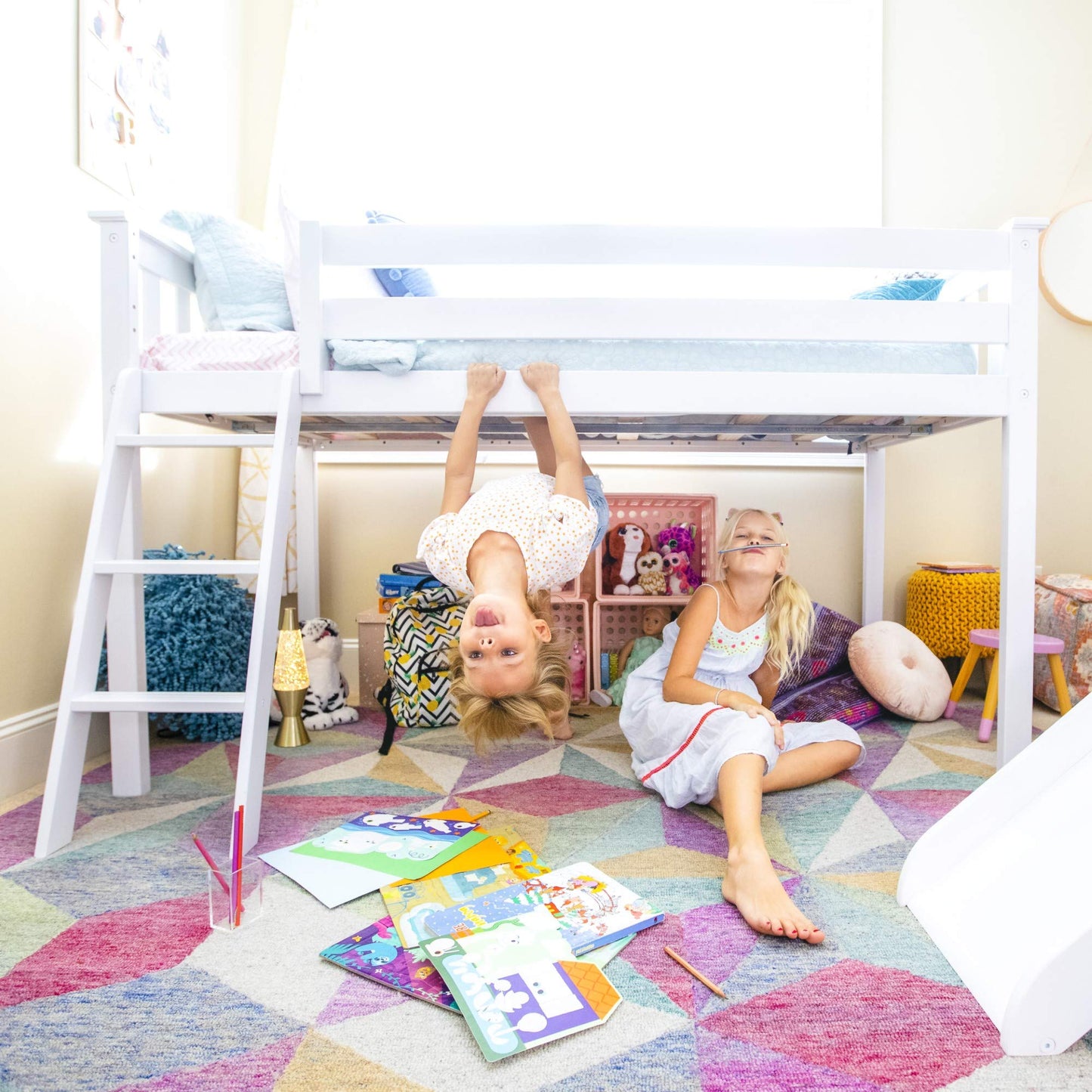 Max & Lily Low Loft Bed, Twin Bed Frame For Kids, White