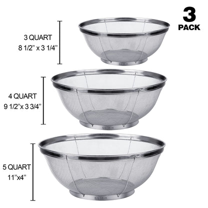 3 Pack Strainers for Kitchen, 18/8 Stainless Steel Colander, Fine Mesh Strainer for Pasta, Rice and Fruit, Sieve for Strain, Drain, Rinse or Steam (5-Quart, 4-Quart and 3-Quart)