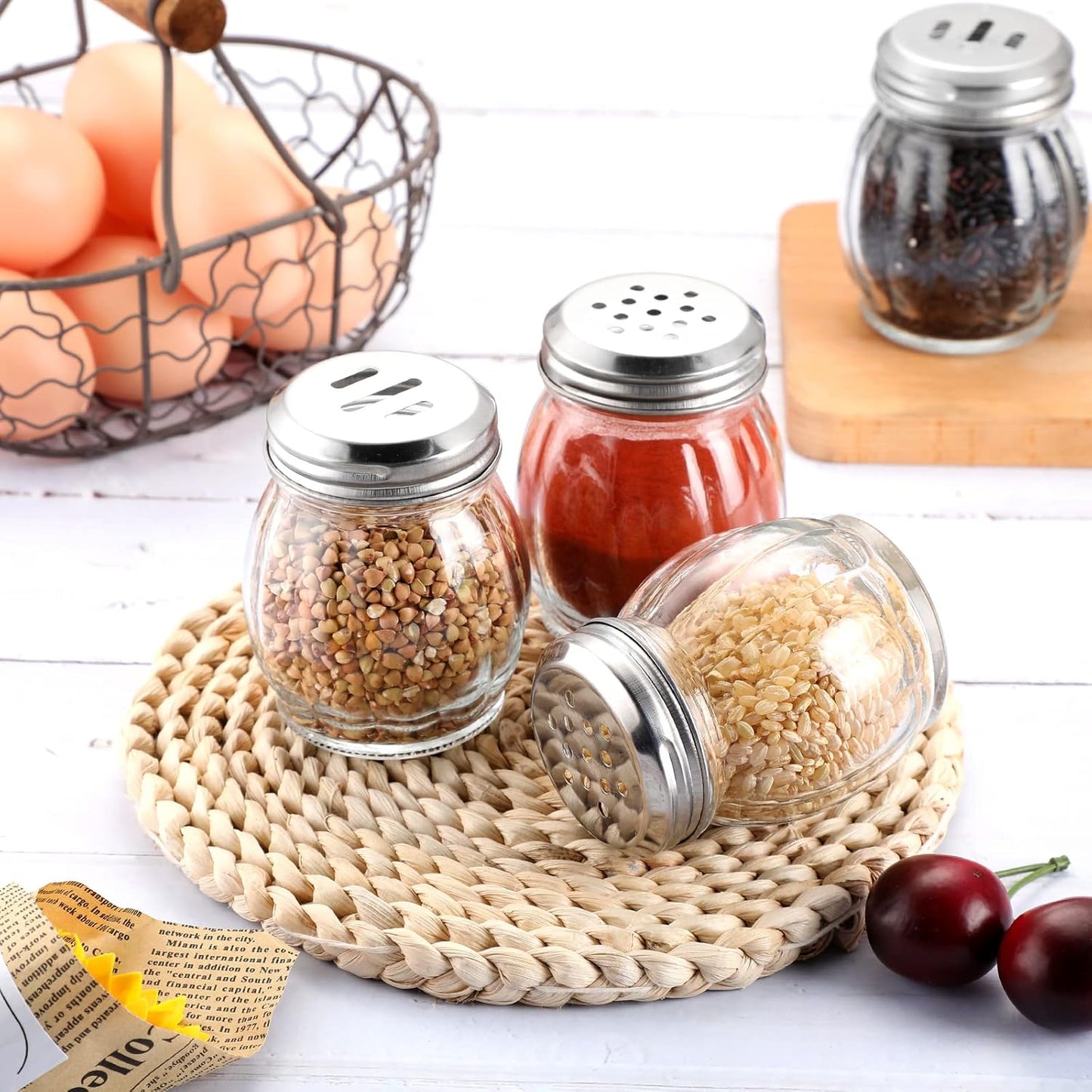 24 Hotop Pieces Glass Spices Shaker with Perforated Top Cheese Shaker with Slotted Stainless Steel Top Retro Swirl