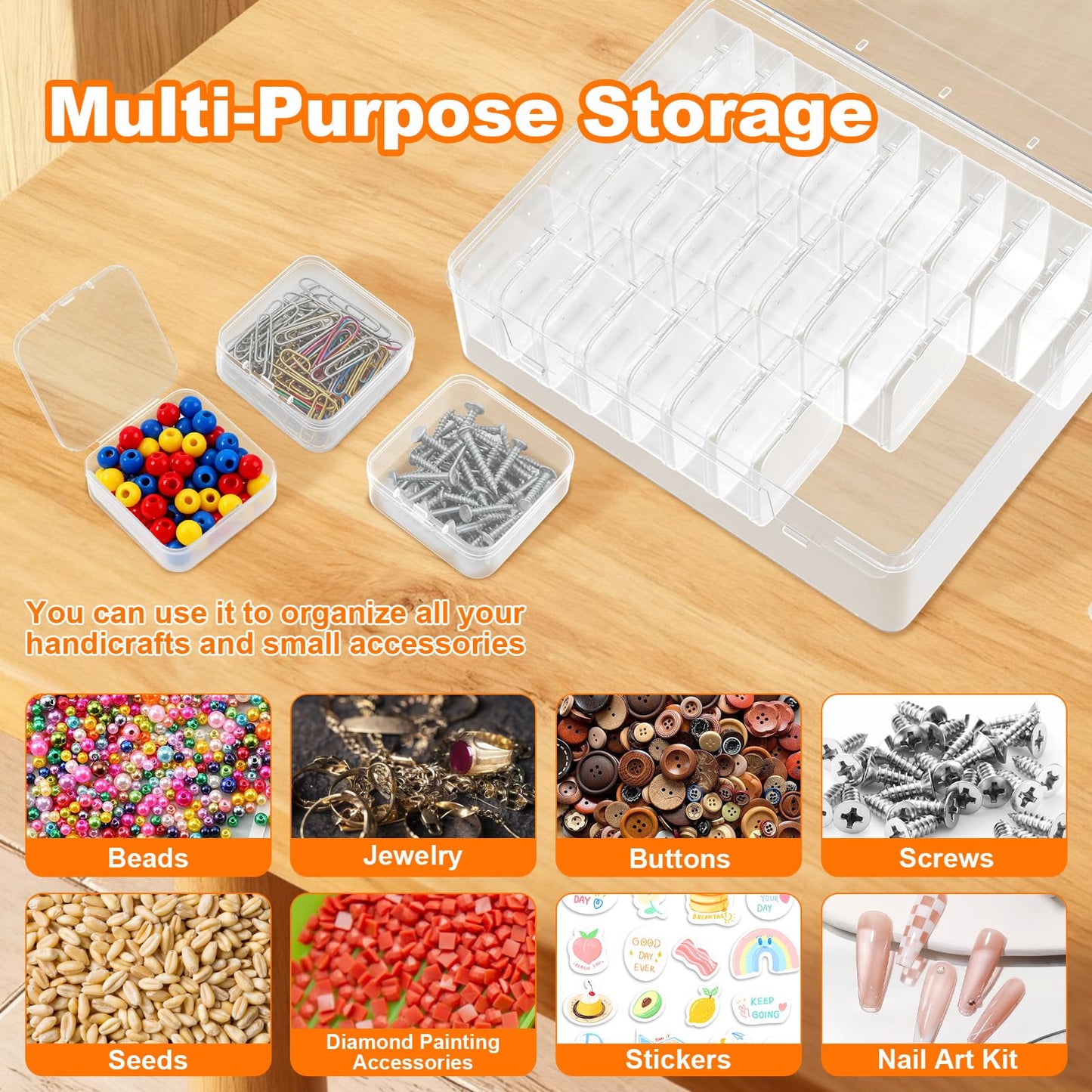 Profasion 2 Pack 60 Pcs Bead Organizer Box, Clear Plastic Storage Containers Features Hinged Lid and Labels, Craft Storage Box for Jewelry, Diamonds, Clay Beads, Bracelets, Screws, Seeds, Small Parts