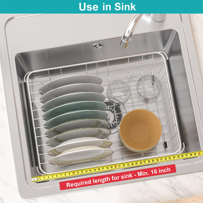 iPEGTOP Expandable Dish Drying Rack Over Sink, Rustproof Stainless Steel Basket Shelf, Multifunctional Dish Drainer Organizer with Utensil Cutlery Holder