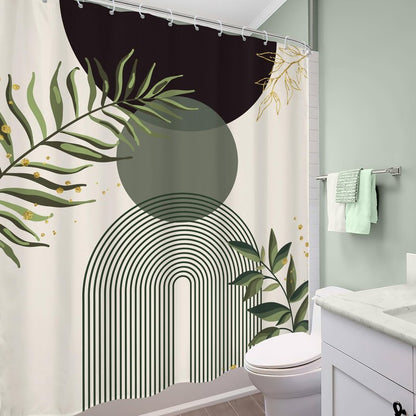 Mitpok Dark Green Boho Shower Curtain 60Wx72H Teal Green Modern Bohemian Mid Century Abstract Gold Leaves Plant Bathroom Decor Minimalist Geometric Neutral Bath Curtain Fabric Polyester 12 Pack Hooks