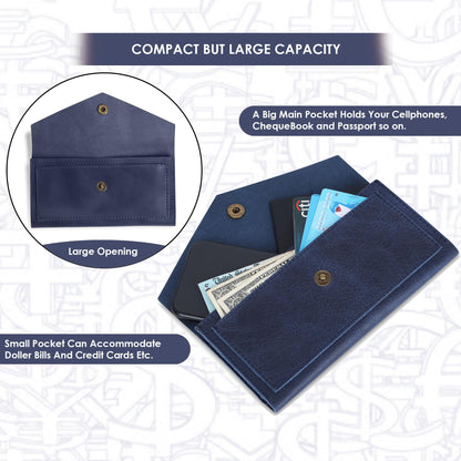 TheAntiq Blue Leather Cash Envelopes for Money Pouch Currency Holders - Soft Leather Money Bag Mobile Holder for Travel - Genuine Leathers Wallets for Women Money Bag - Travel Money Pouch Cash Holder