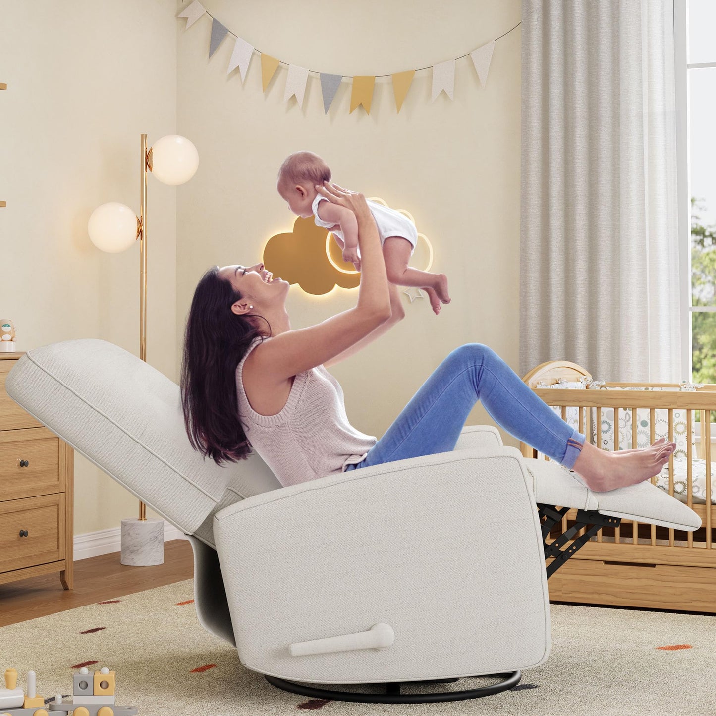 Garvee Nursery Recliner Chair, 360° Swivel Rocking Glider Chair for Adults with Adjustable Backrest & Footrest, Cozy Linen Upholstered Armchair for Living Rooms, Bedrooms, Apartments, Beige