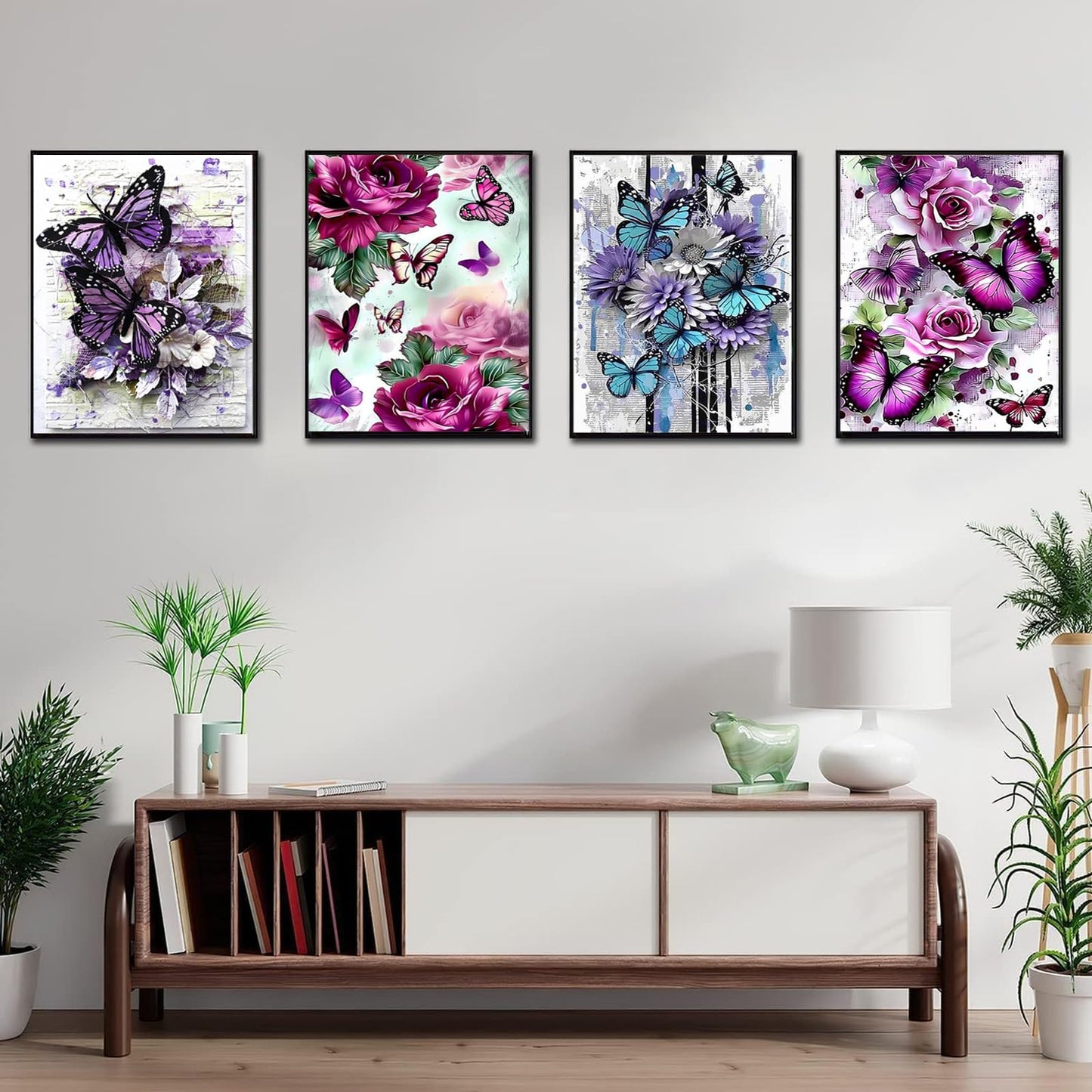 EWJRNSF 5D Diamond Painting Kits for Adults, Diamond Arts Kits Diamond Art Sets,Gem Painting by Number Kits for Adults Beginners Home Wall Decor 11.8x15.7 Inches 4 Pack Flowers Butterfly