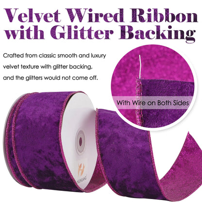 HUIHUANG Purple Velvet Wired Ribbon 2.5 inch Wired Velvet Ribbon with Purple Glitter for Gift Wrapping, Christmas Tree Decoration, Bows, Wreaths, Garlands, Halloween Decor - 10 Yards
