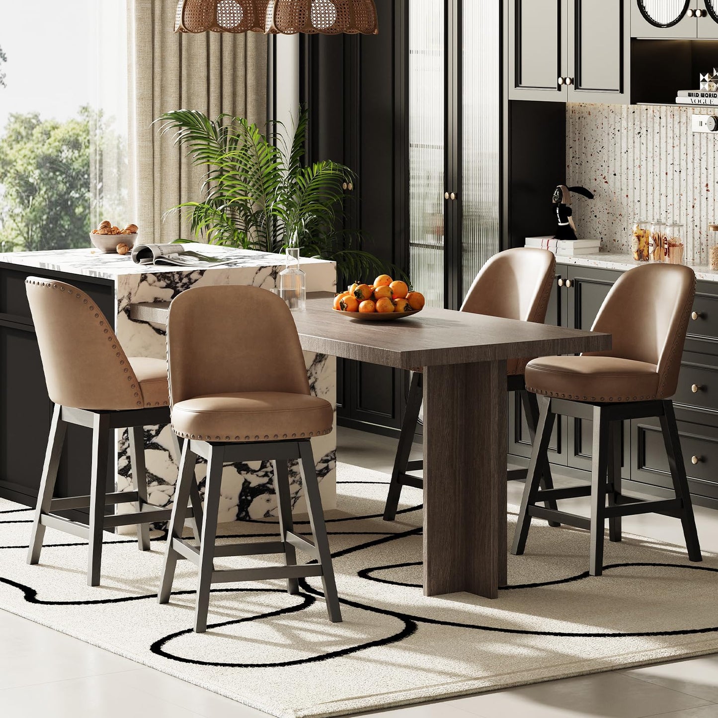 MALOL Swivel Counter Height Bar Stools Set of 4, Tall Faux Leather Barstools, Modern Bar Chairs with Solid Back and Wood Legs for Kitchen Island，Brown