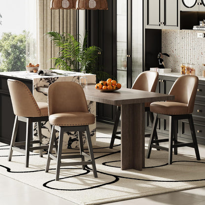 MALOL Swivel Counter Height Bar Stools Set of 4, Tall Faux Leather Barstools, Modern Bar Chairs with Solid Back and Wood Legs for Kitchen Island，Brown