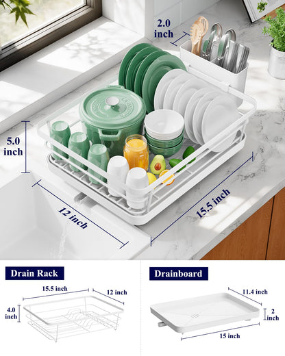 Kitsure Dish Drying Rack for Kitchen Counter, Stainless Steel Sink Organization and Storage Essentials with Cutlery Holder, Home and Appartment Decor, 12''W x 15.5''L, White
