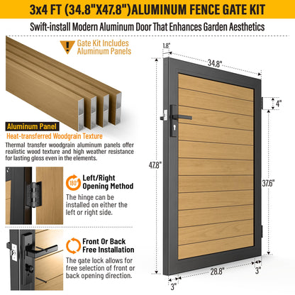 Brukid 3x4 FT Aluminum Fence Gate Kit Wood Grain Aluminum Gate with Decorative Cutout, Lock & Hinges, Left/Right Opening, Weather Resistant for Yard Garden Patio