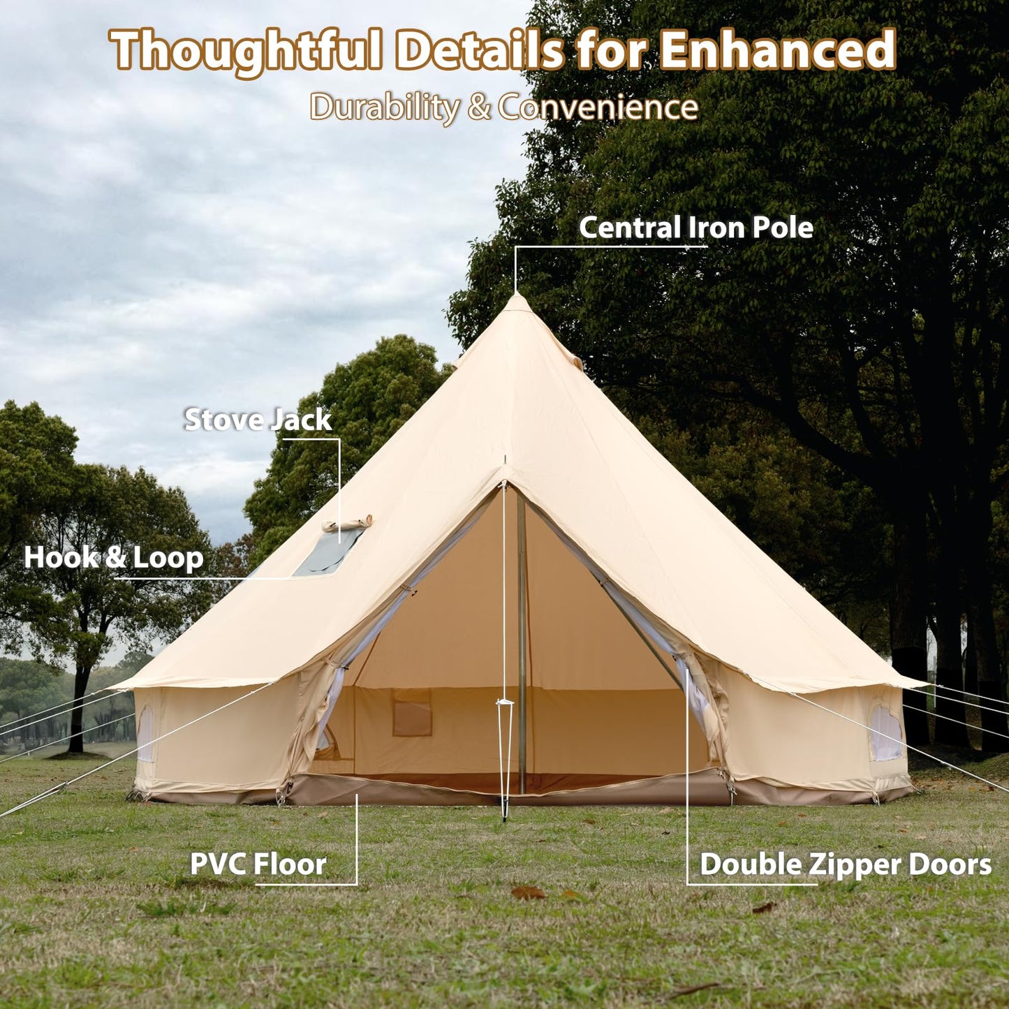Canvas Bell Tent for Camping, 4-Season Yurt Tent with Stove Jack, All Year Living Glamping Tent for 4–6 Person, Sturdy Shelter for Family Camping & Backyard (13.1ft/4m)