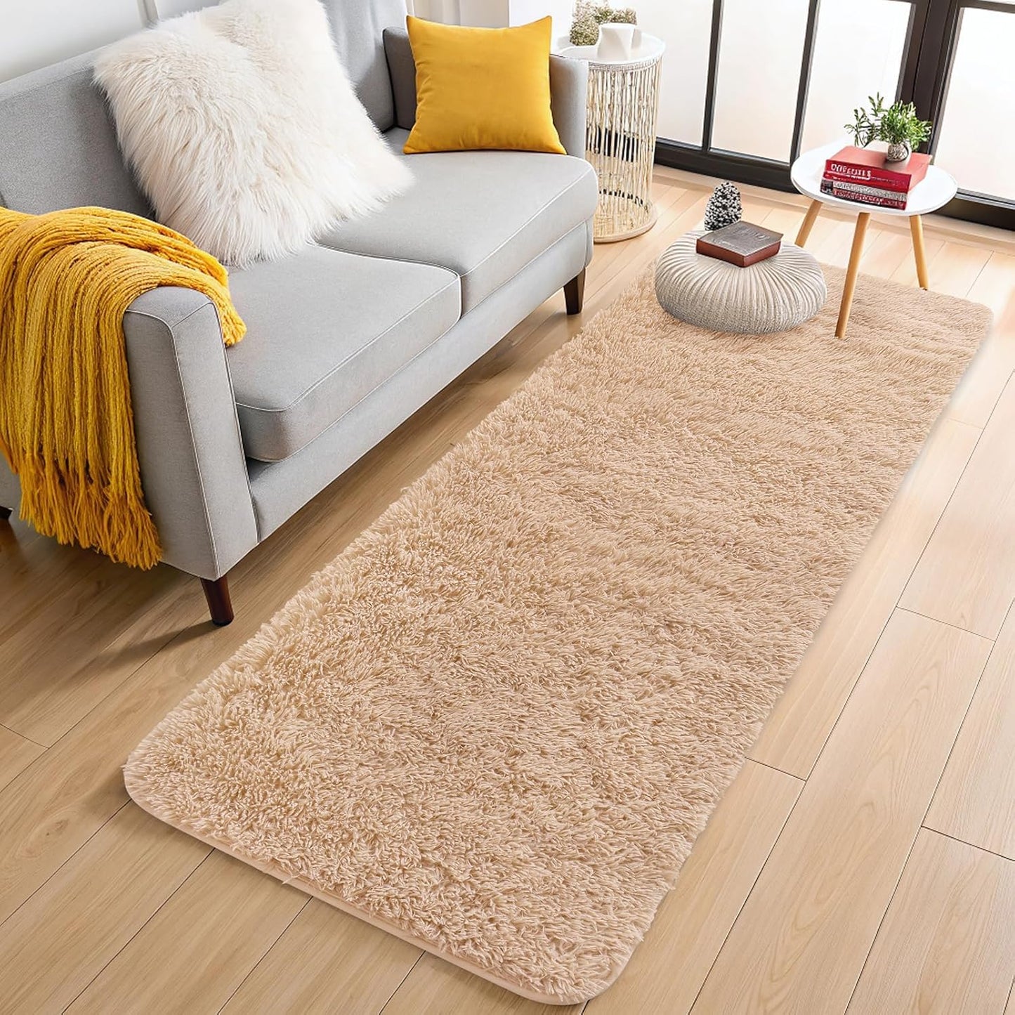 OLANLY Machine Washable 2x12 Runner Rug - Soft Fluffy Shaggy Design for Hallway & Bedroom | Beige