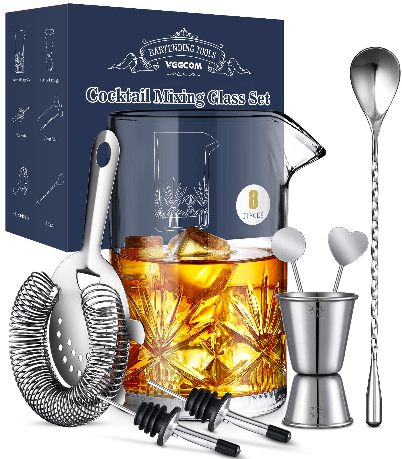 Cocktail Mixing Glass, veecom 18oz Crystal Mixing Glass Bartender Kit, 8 Piece Old Fashioned Cocktail Set with Strainer, Spoon, Jigger, Picks, Pourers, Bar Tools Cocktail Shaker Set (8 Pieces)