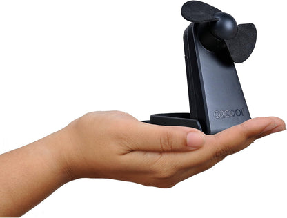 O2COOL Personal Battery Pocket Fan - Carabiner Clip, Flip Down Stand, Quiet Foam Blades - Black