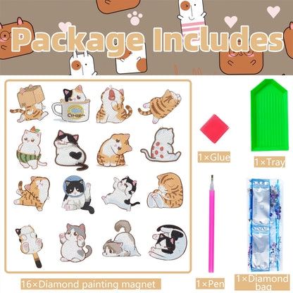 16 Pcs Cat Diamond Painting Magnets Kits Diamond Art Fridge Magnet Refrigerator Sticker Diamond Painting kit for Beginners Adults DIY Art Craft Gifts Home Decors