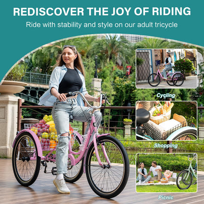 MOPHOTO Adult Tricycle 7 Speed, 20/24/26 Inch Low Step-Through Adult Trike with Large Rear Basket, 350 lbs Capacity 3 Wheel Bike for Seniors, Women and Men