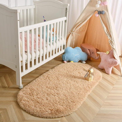 2.6' 5.3', LOCHAS Bedroom Rug x Beige Fluffy Shaggy Area Rug for Bedroom Bedside, Soft Oval Throw Rugs Carpet for Kids