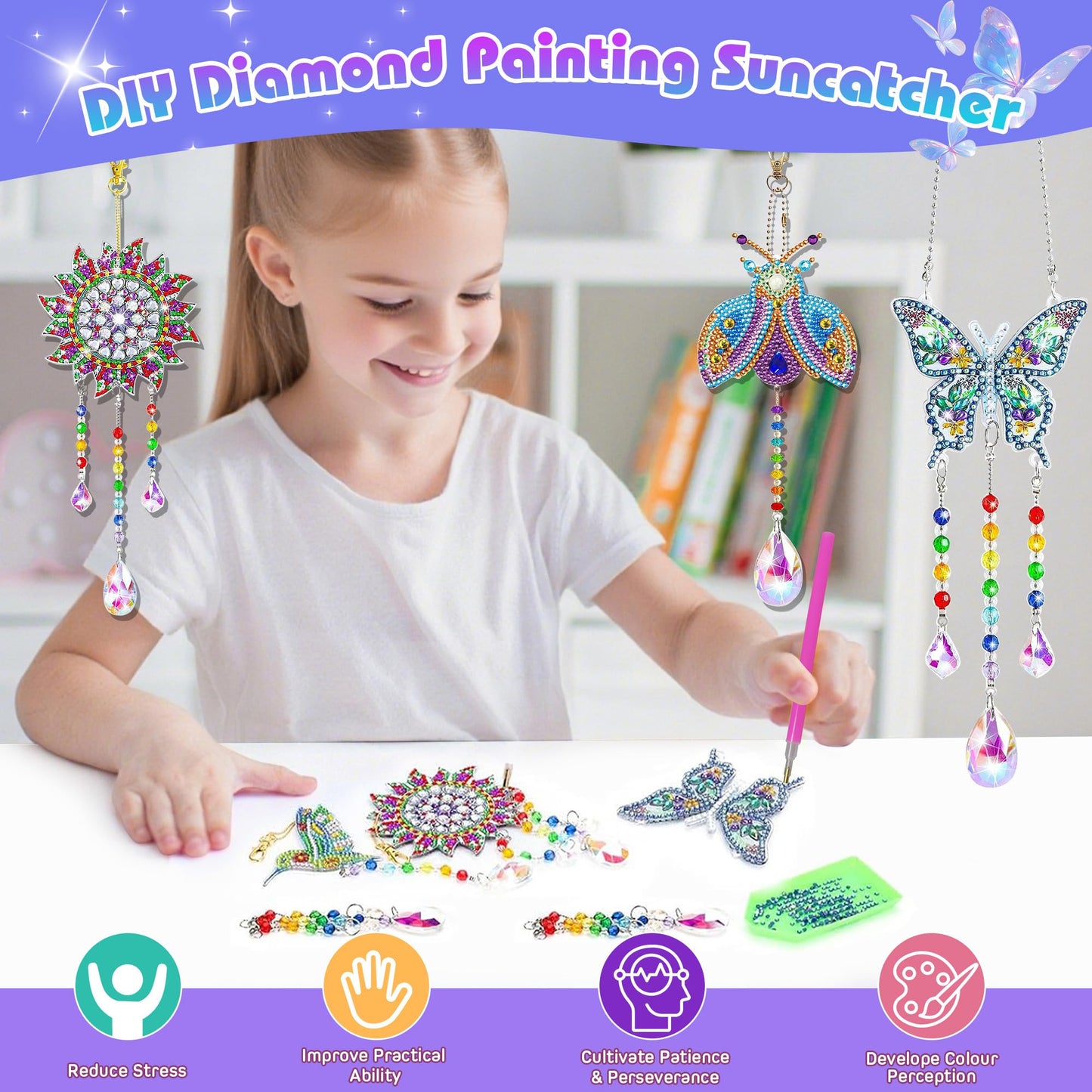 5Pcs Diamond art Kits for Kids/Adults, Crafts for Kids Ages 8-12, DIY Diamond Painting art Wind Chimes Crystal Window Suncatcher Craft, Birthday Gifts for 7 8 9 10 11 Year Old Girls, Home Garden Decor