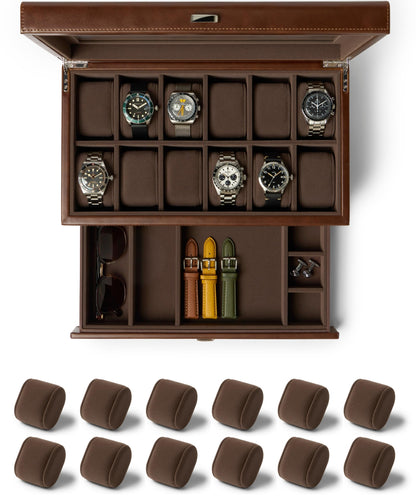 TAWBURY Bayswater 12 Slot Watch Box with Drawer (Brown) with a Set of 12 X-Small Pillows to Fit 5.5-6.5" Wrists